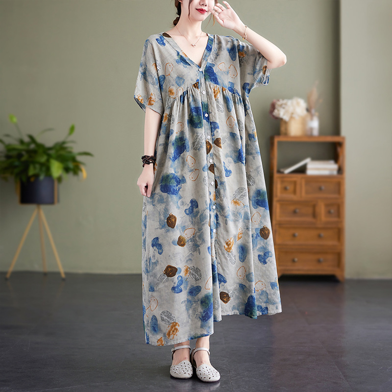 Loose Print V-Neck Short Sleeve Midi Dress
