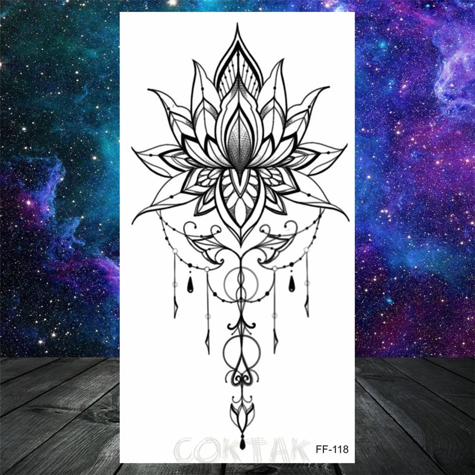 Lotus Flower Temporary Tattoo For Women Girls Snake Peony Lily Rose Chains Tattoos Sticker Black Blossom Fake Transferable Tatoo