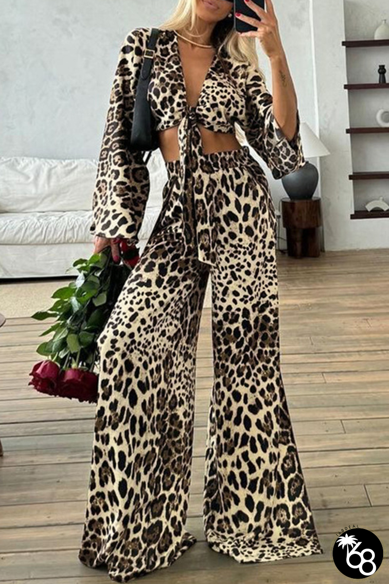 Sexy Street Leopard Print Lace Up V Neck Long Sleeve Two Pieces | 168DEAL