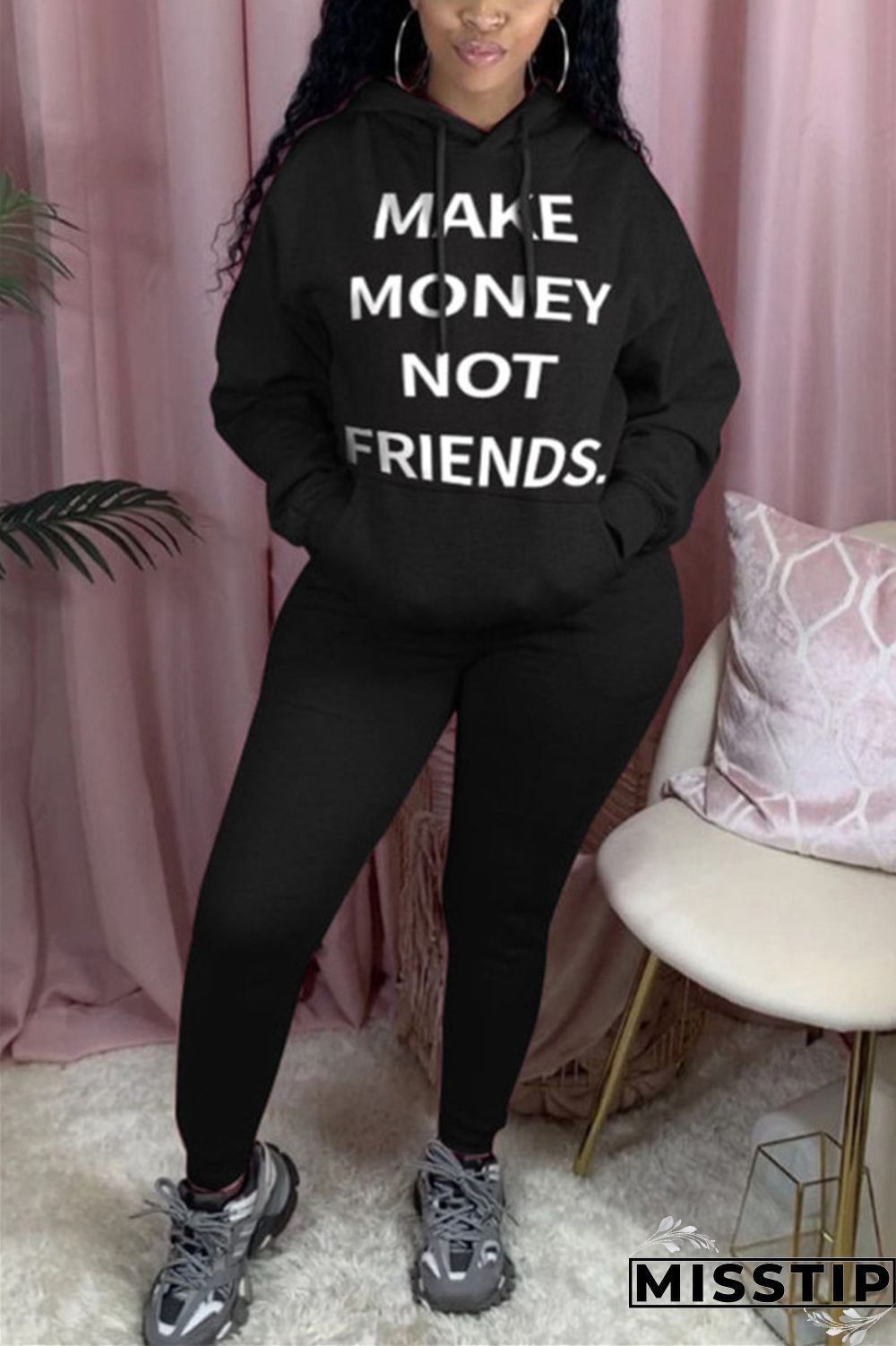 rose red Casual England Letter Print Solid Straight Long Sleeve Two Pieces