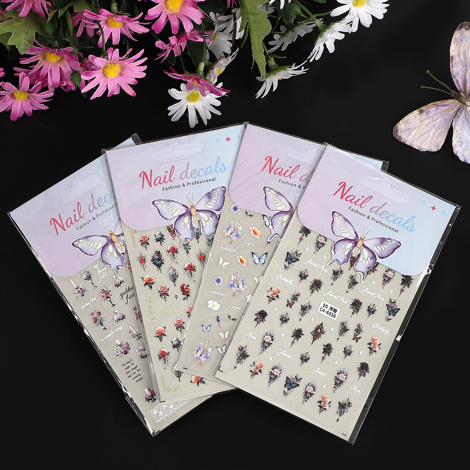 PET 스티커 - 2개/세트 빈티지 보석 붉은 장미 꽃 나비