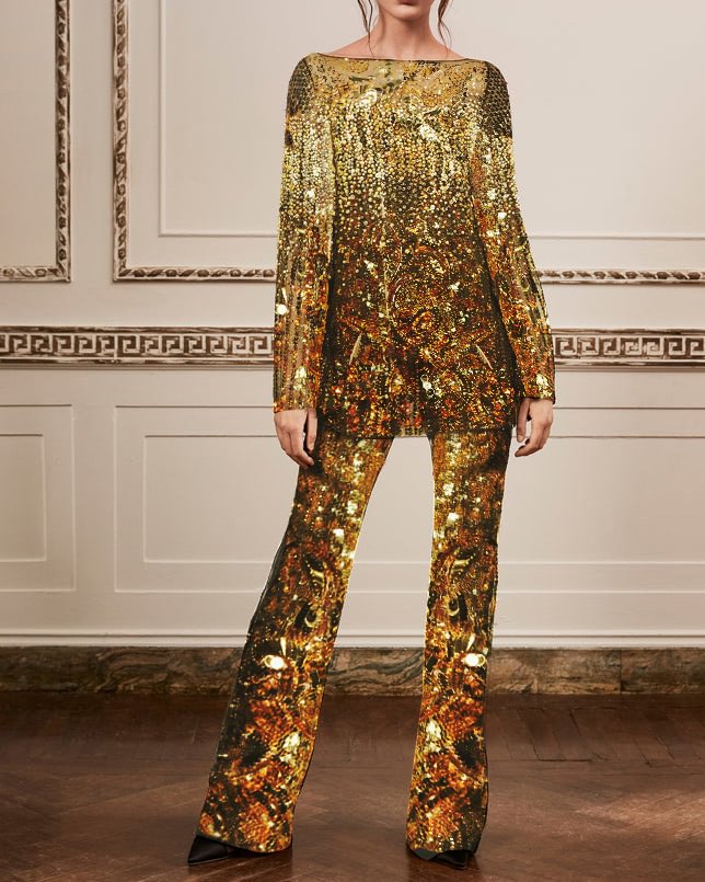 Shiny Gold Beaded Two Piece Suit