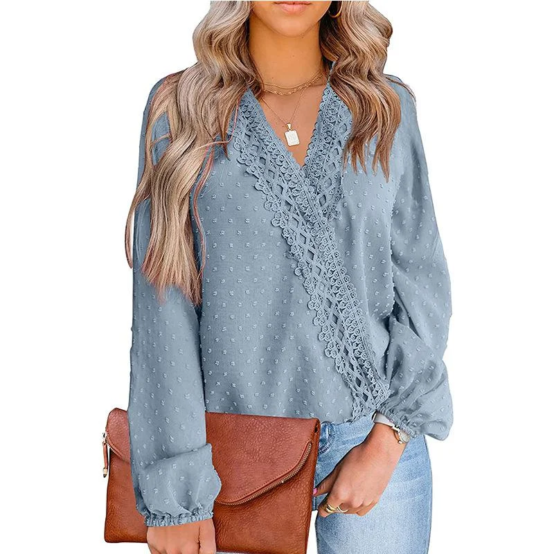 Loose Blouses For Women Fashion Lace Patchwork V Neck Long Sleeve Office Work Shirts Tops Lady Oversized Casual Chiffon Blouse