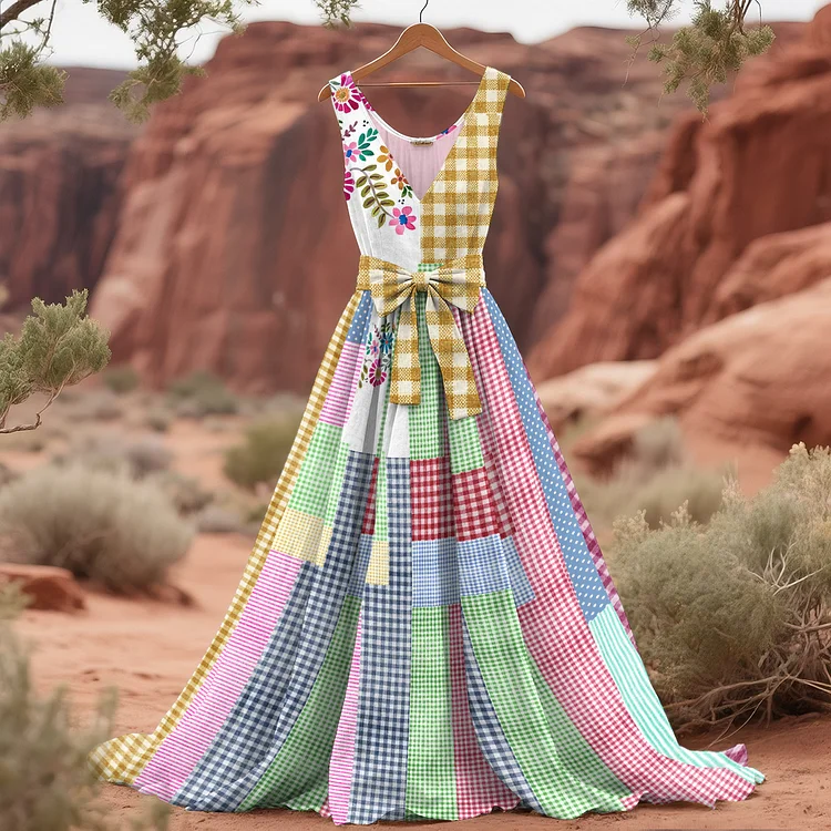 Simpfit Damen Vintage Plaid Floral Patchwork Nachahmung aus Baumwolle und Leinen Tank Kleid