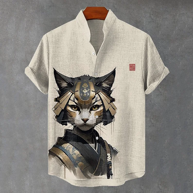Japanese Style Ink Painting Samurai Cat Ink Art Linen Blend Cozy Shirt