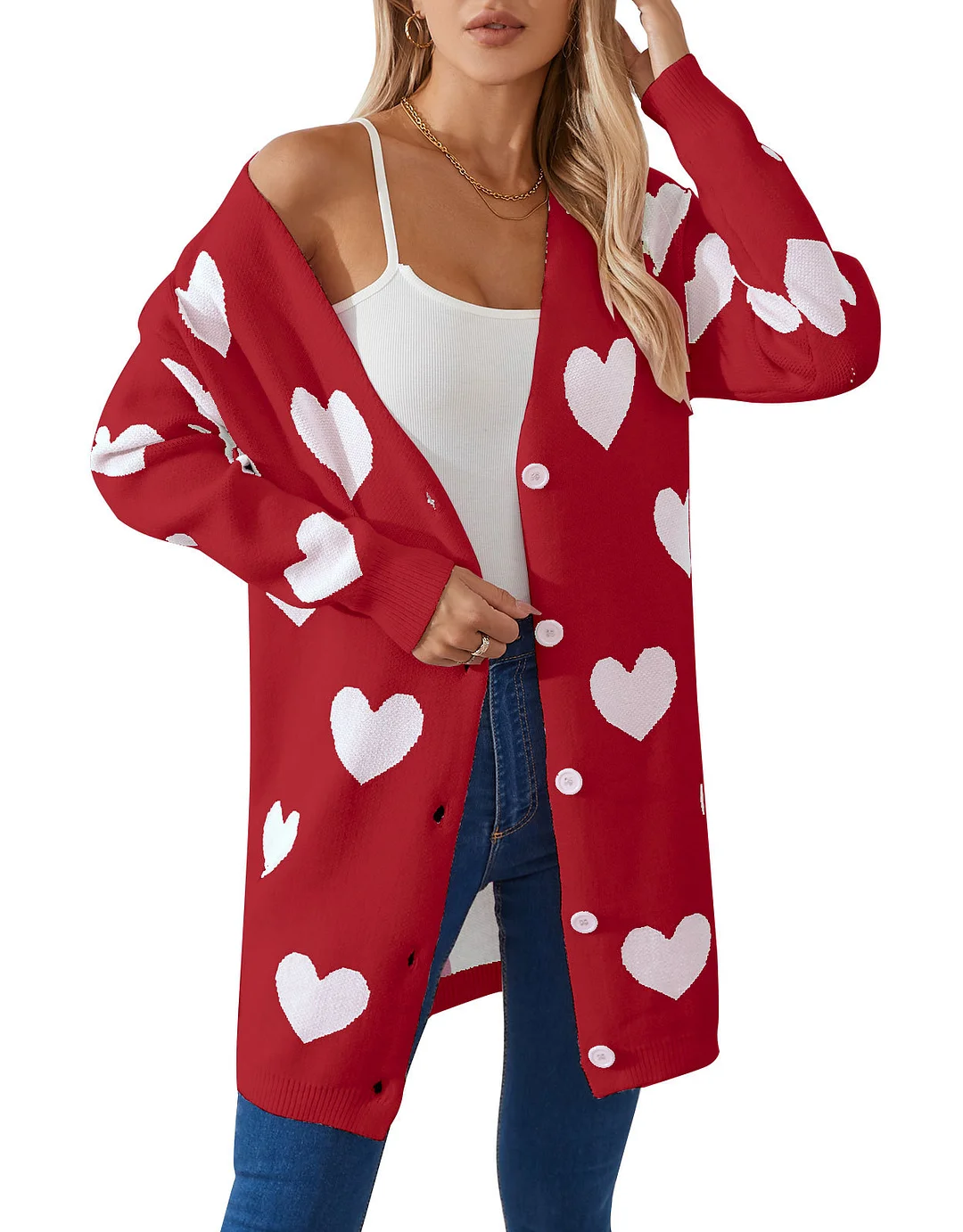 Athvotar Athvotar New Valentine's Day Love Knitted Cardigan V-Neck Button Long Coat Sweater Woman