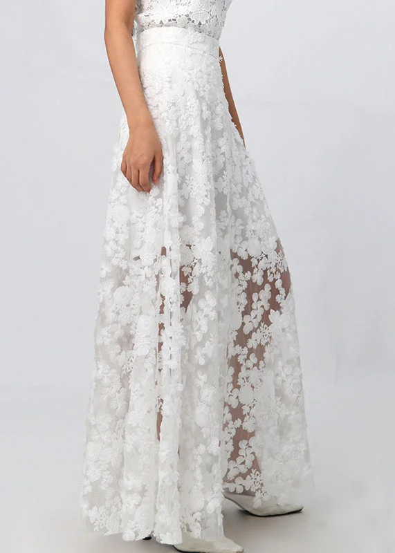 Elegant White Zippered High Waist Lace Skirt Summer