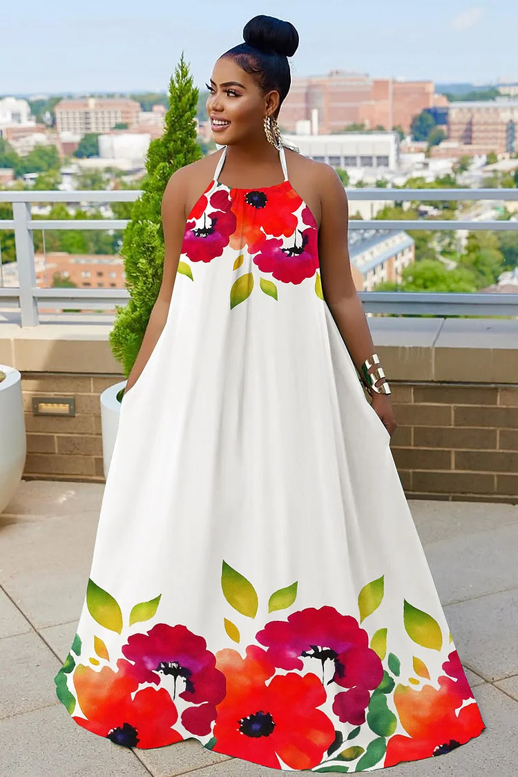Floral Print Halter Backless Loose-Fit Vacay Maxi Dresses-White [Pre Order]