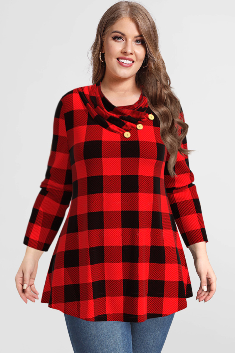Flycurvy Plus Size Christmas Casual Red Plaid Print Buttons Cowl Neck Blouse