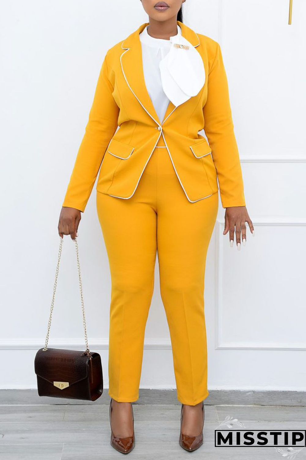 Army Green Casual Work Solid Patchwork Buttons Turn-back Collar Long Sleeve Two Pieces