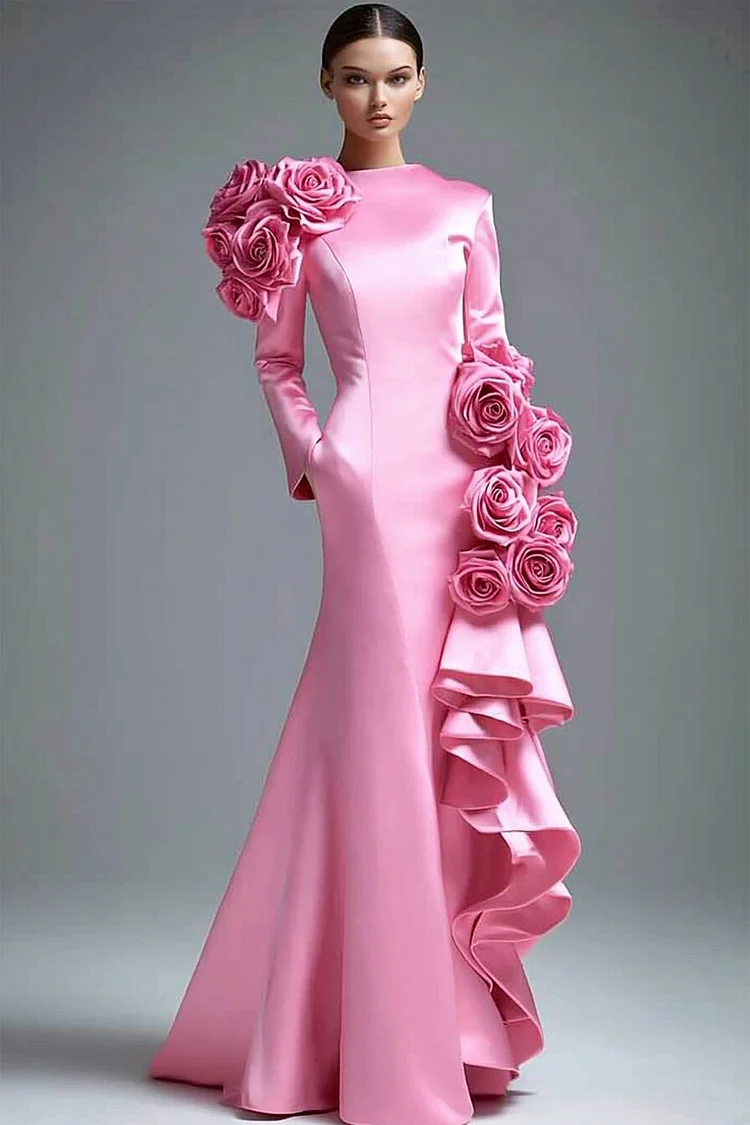 3D Floral Long Sleeve Pocket Maxi Dress-Hot Pink [Custom-Made]