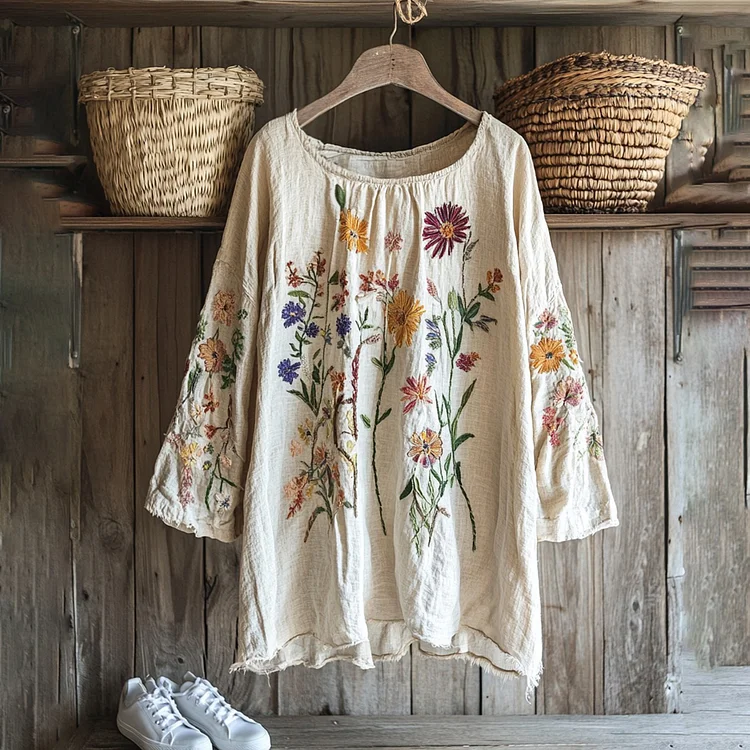 Vintage Floral Embroidery Art Graphics Linen Blend Tunic