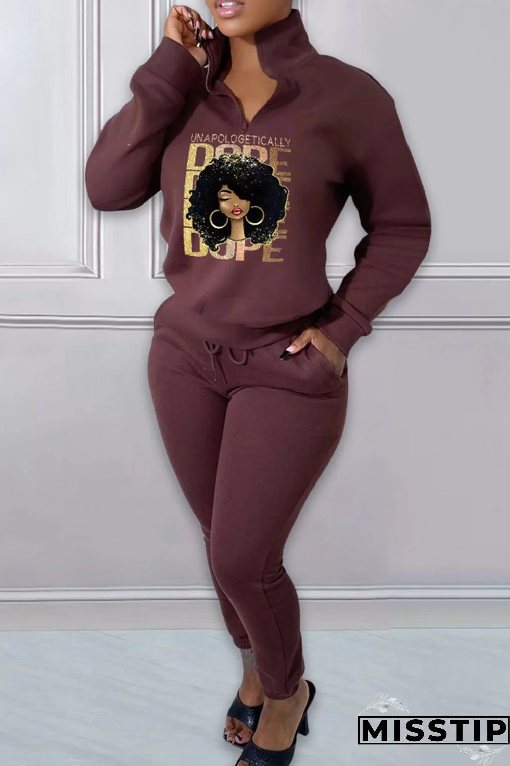 Green Casual Print Patchwork Zipper Collar Long Sleeve Two Pieces