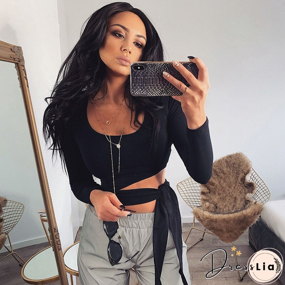 Sexy Crop Woman Tshirts Fashion Slim Long Sleeeve Lace Up Top Spring Summer Casual Korean Solid Square Collar Women Clothing