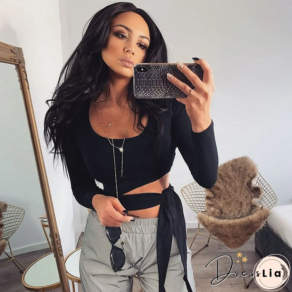 Sexy Crop Woman Tshirts Fashion Slim Long Sleeeve Lace Up Top Spring Summer Casual Korean Solid Square Collar Women Clothing