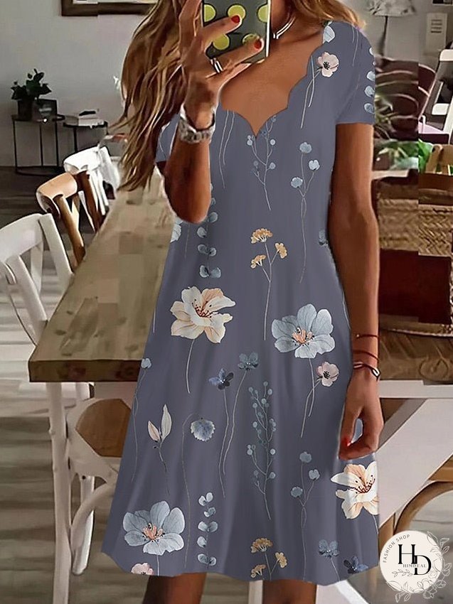 Casual Dress Summer Dress Print Dress Floral Print Scalloped Neck Mini Dress Active Fashion Outdoor Daily Short Sleeve Regular Fit White Light Green Green Summer Spring S M L XL XXL for Women
