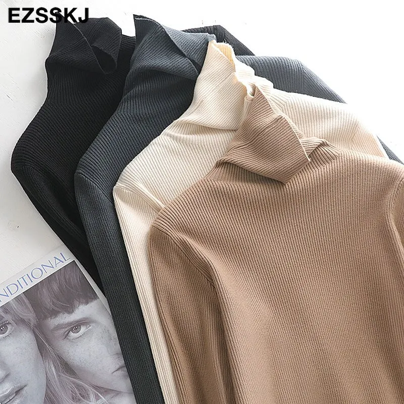 Pile collar Loose soft pure color turtleneck Sweater Pullovers for Women Casual Long Sleeve Sweater Jumpers Female top