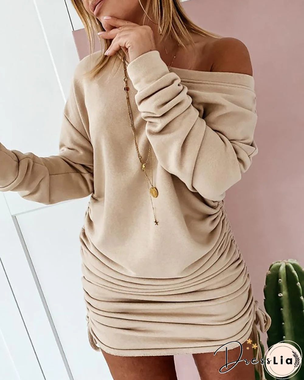 Long Sleeve Ruched Drawstring Bodycon Dress