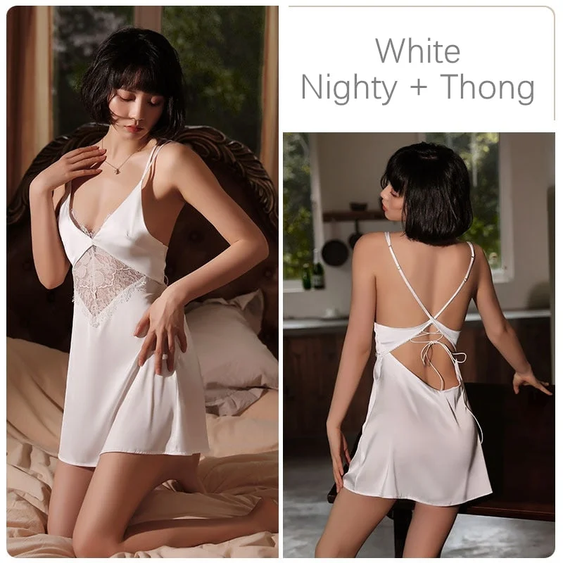 Lace Nightgowns Thong Women Nighties Sexy Thin Sleeping Dress V-Neck Intimate Underwear Lingerie Feminina Underwear & Sleepwears