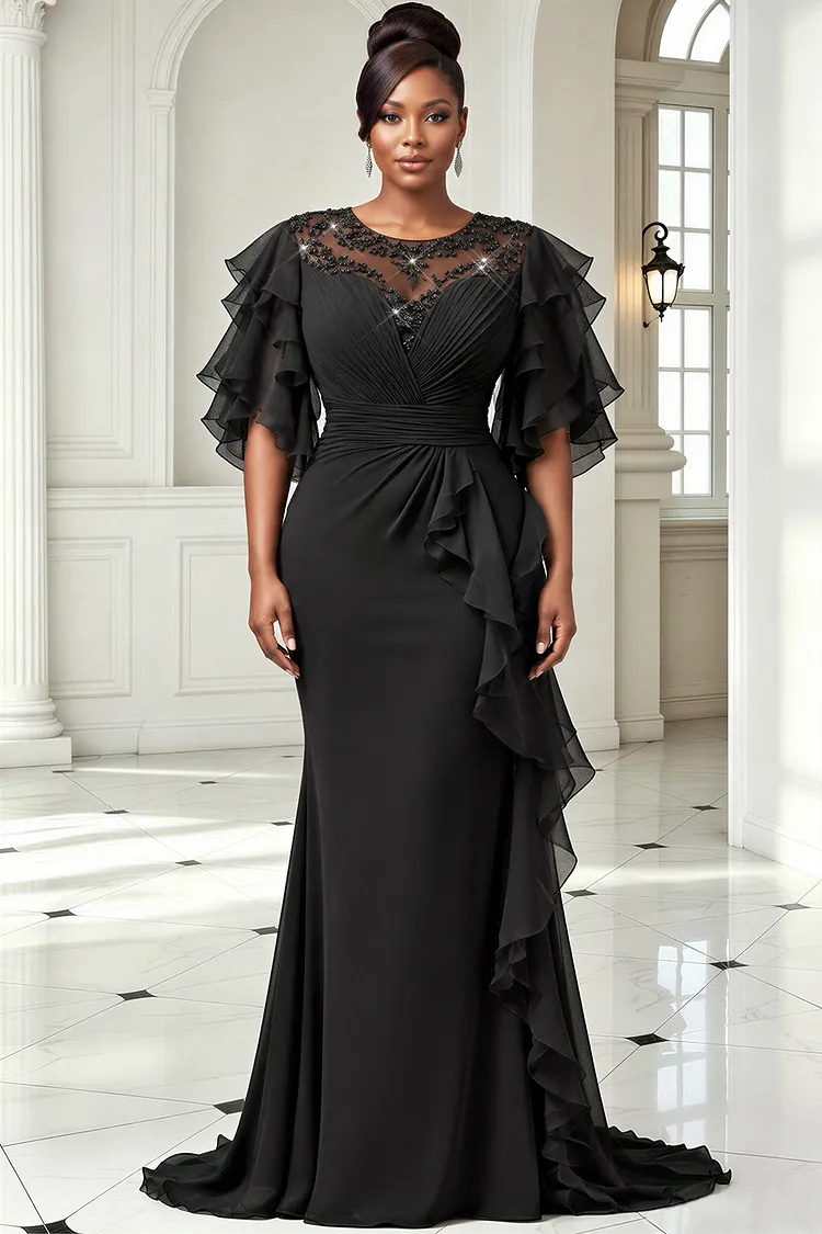 Xpluswear Design Plus Size Formal Black Round Neck Short Sleeve Ruffle Drilling Chiffon Maxi Dresses [Pre-Order] 2024 - Xpluswear