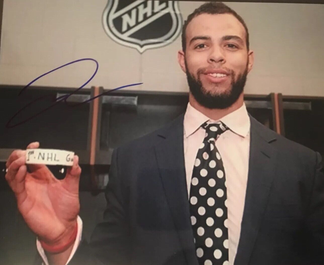 Darnell Nurse AUTOGRAPH Edmonton Oilers signed GLOSSY 8x10 1st Goal Puck Photo Poster painting