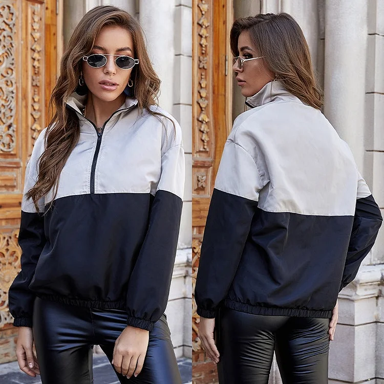 Women's Color Matching Aerobics Loose Lapel Thin Zipper Jacket