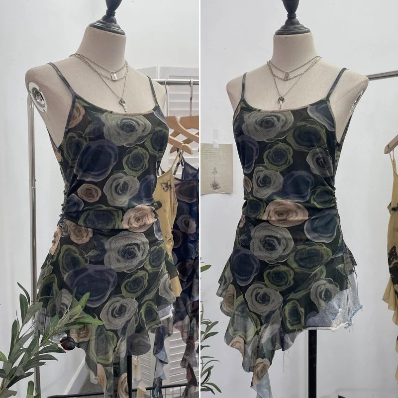 Uveng 辣bab Net Yarn Print Small Sling Vest Tidly Tidly Ribbon Ribbon Leaves Edge Sleeveless Top 9970
