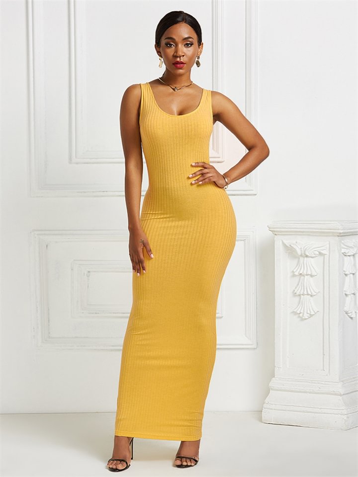 Summer New Women's Solid Color Slim Knitted Sleeveless Tank Dress Simple Polyester and Cotton Dress -vasmok