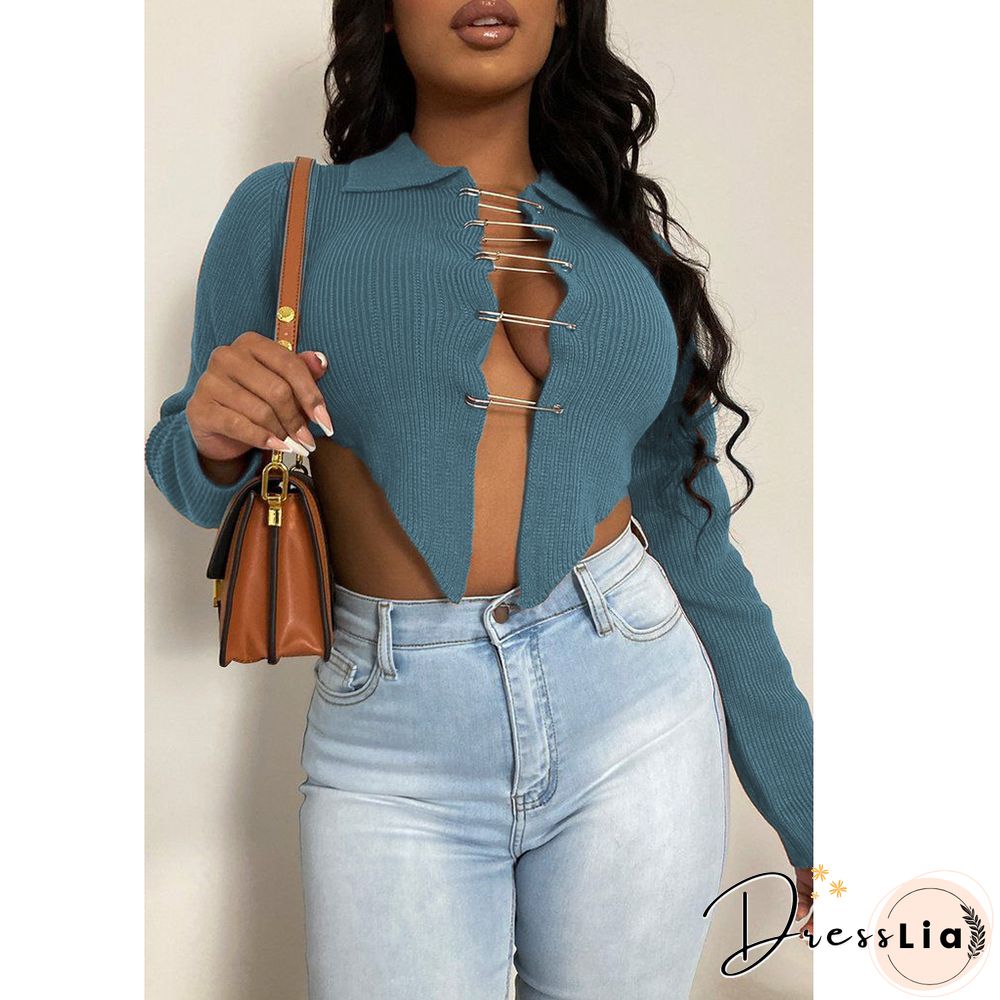 Ribbed Knitted Long Sleeve Pin Up Cardigan Crop Tops