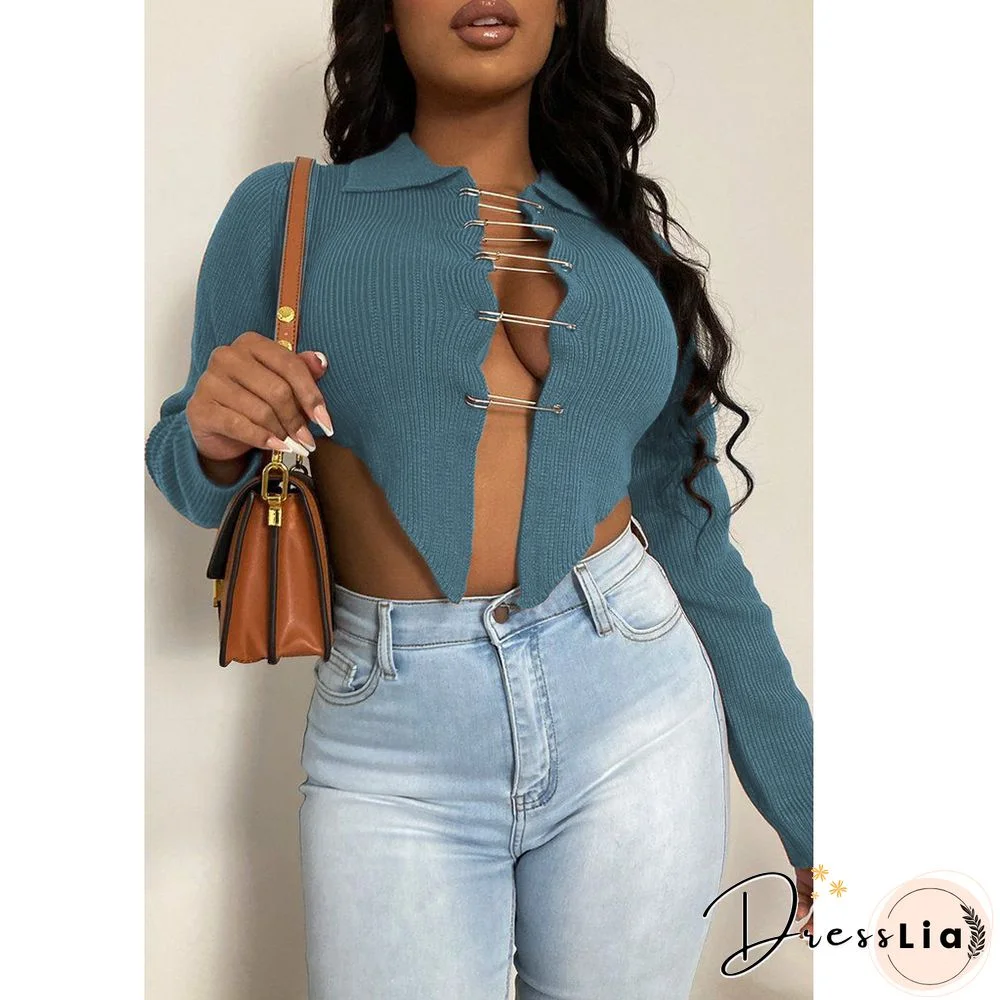 Ribbed Knitted Long Sleeve Pin Up Cardigan Crop Tops