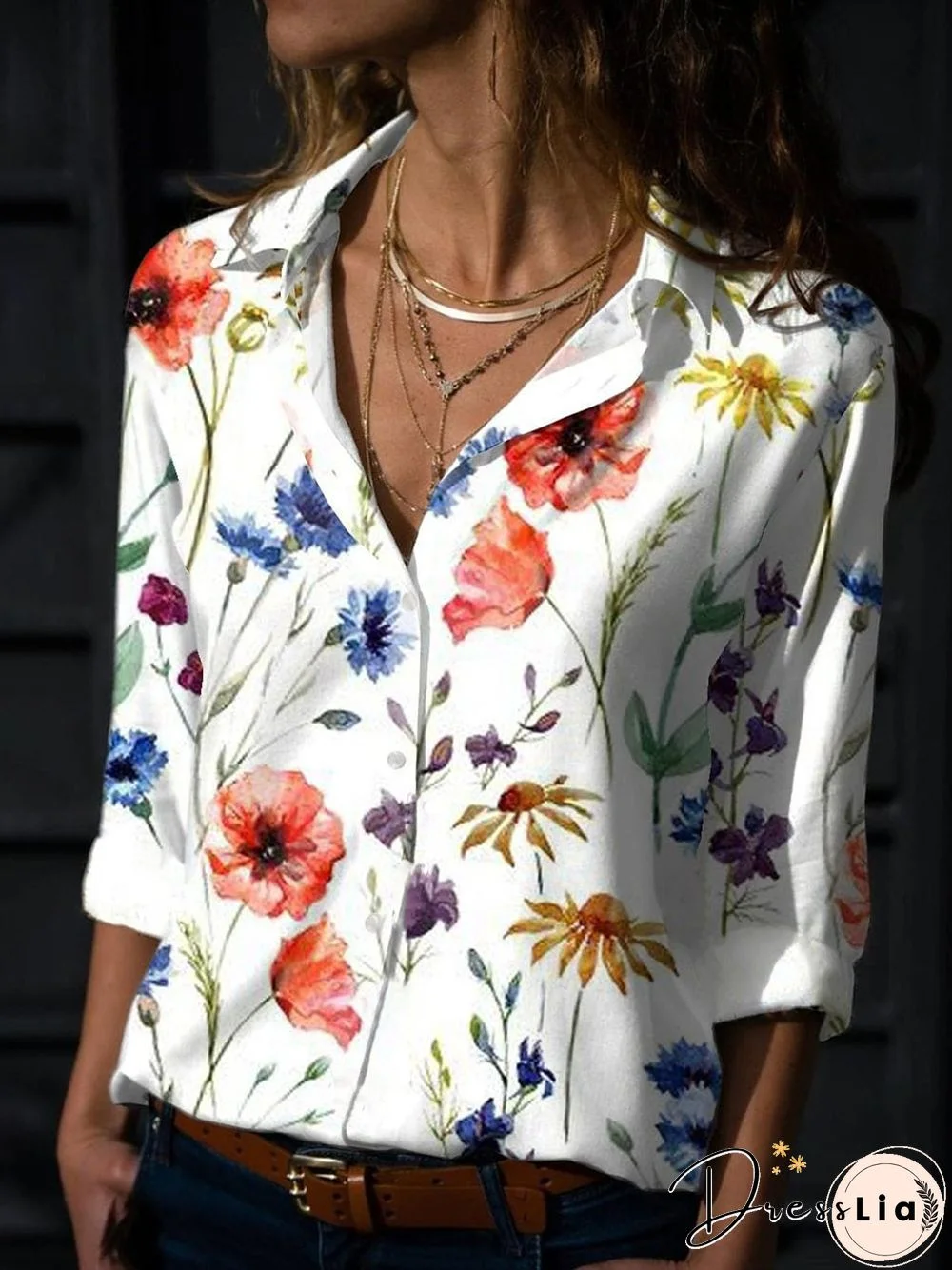 Floral Casual Shirt Collar Long Sleeve Blouse