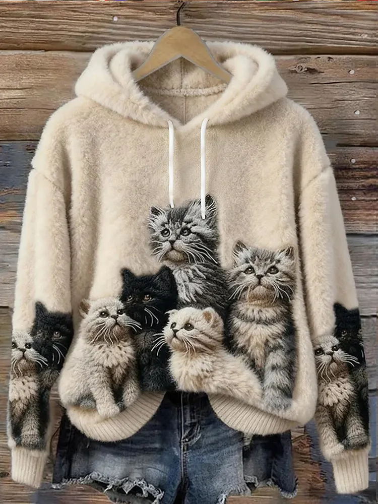 Women's Cute Cat Art Print Casual Flannel Sweatshirt