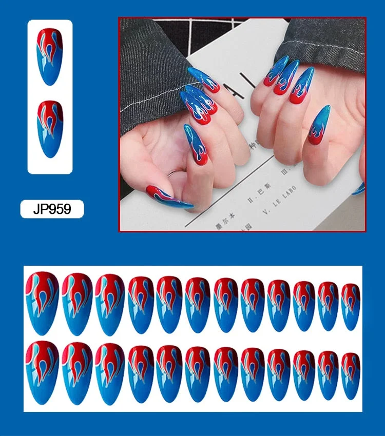 24PCS Dark Punk False Nails with Glue Gradient Long Detachable Fire Stick on Nails Skull Flame  Art DIY Fashion Manicure Tool-Nail Inspo