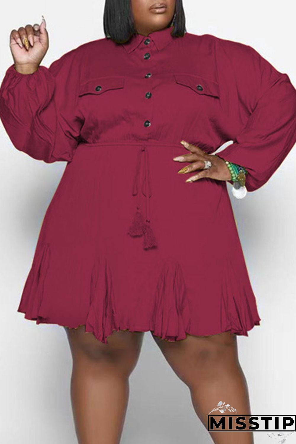 Orange Casual Solid Patchwork Buckle Fold Turndown Collar Straight Plus Size Dresses