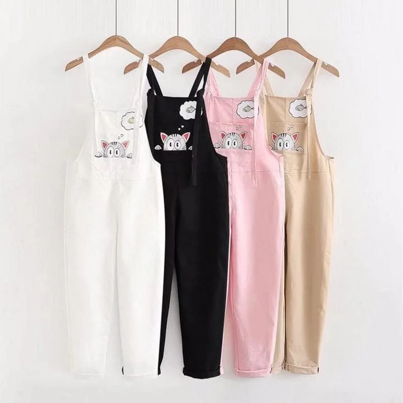 4 Colors Cute Cartoon Cat Printing Embroidered Overalls SP15306