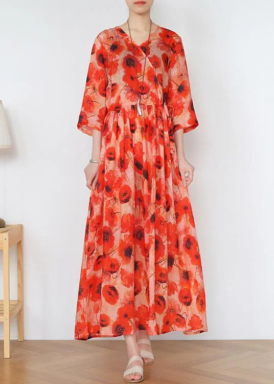 Art Orange Print A Line Long Summer Linen Dress