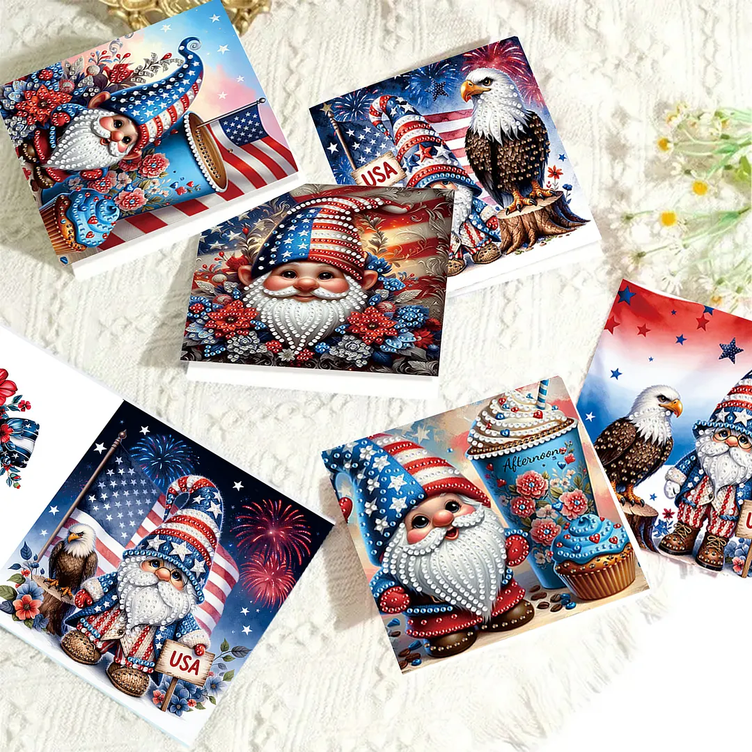6pcs Independence Day Goblin DIY Diamond Painting Kit Greeting Card with Envelope Diamond Art Painting Greeting Cards for Family Friends Holiday Gift Congratulations