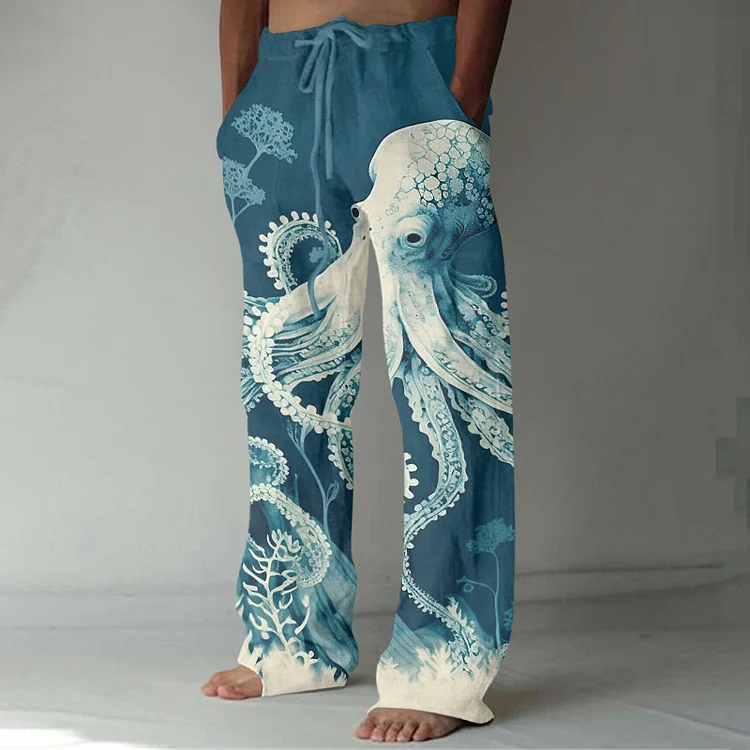 Japanese Octopus Botanic Art Linen Blend Casual Pants
