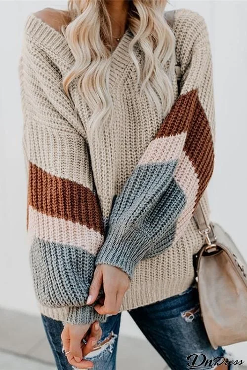 Stripe V Neck Puff Loose Sweater