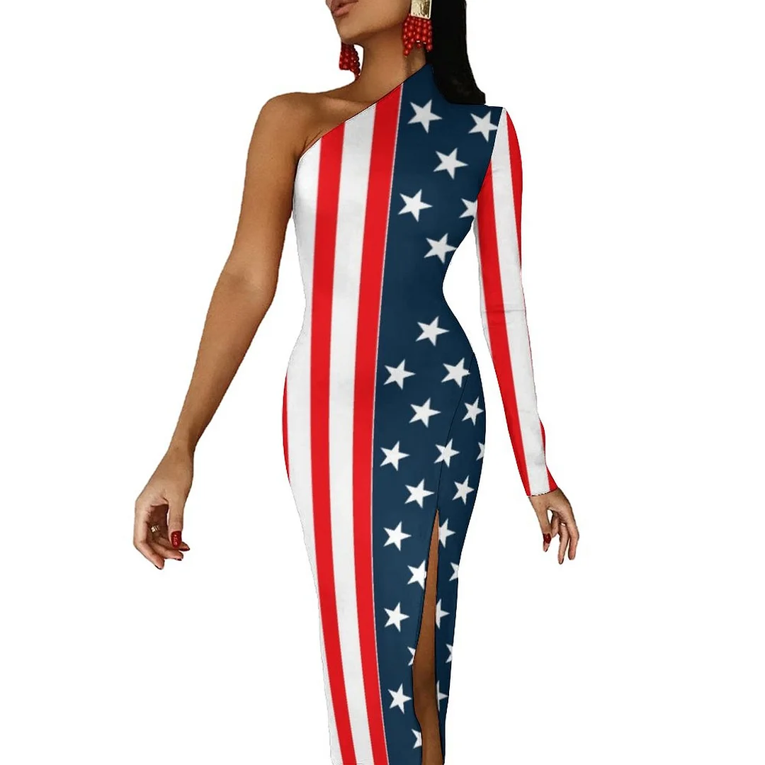 American Flag The Stars And Stripes Women One Shoulder Split Dress Sexy Bodycon Flowy Mermaid Party Maxi Party Club Dresses