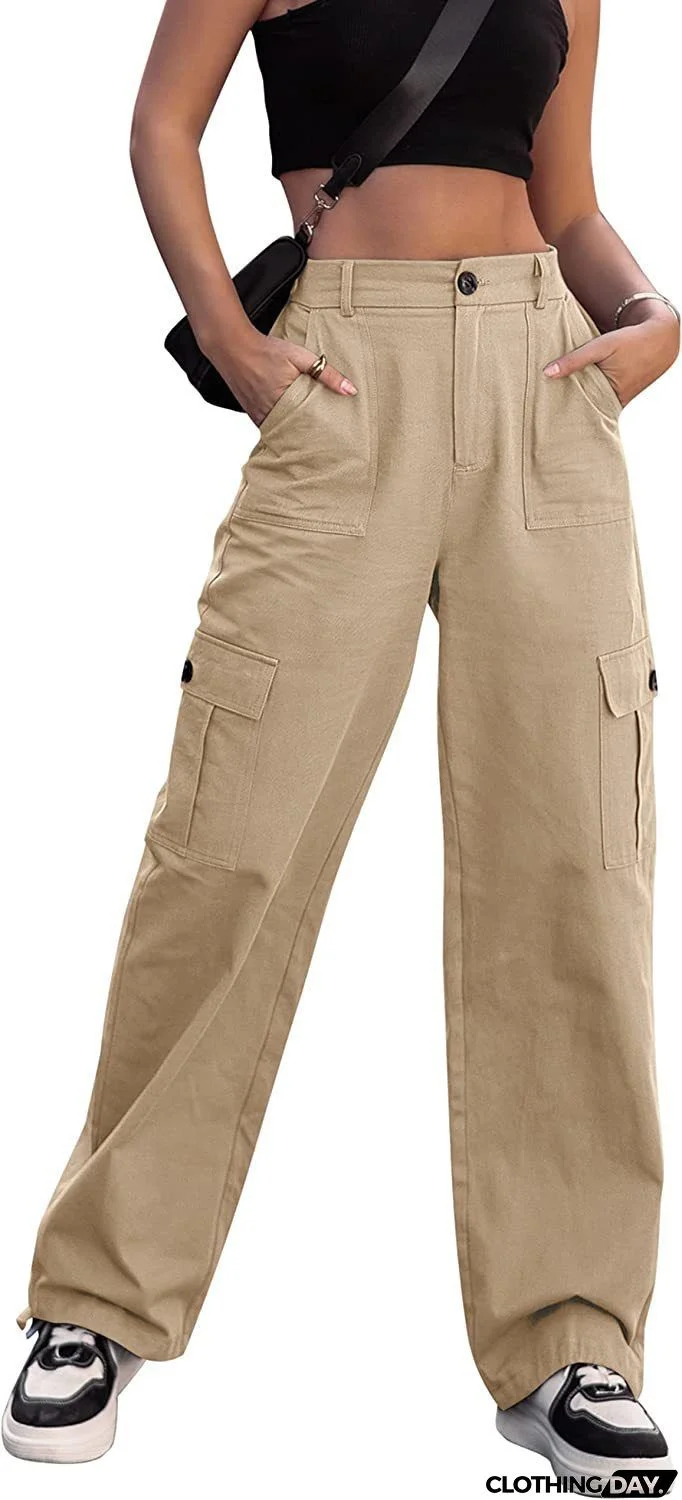 Summer Casual Women Plus Size Button High Waist Wide Leg Cargo Pants