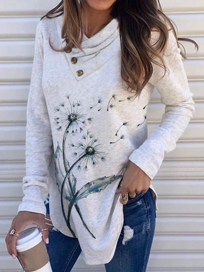 Casual Dandelion Long Sleeve V Neck Printed Tops T-Shirts