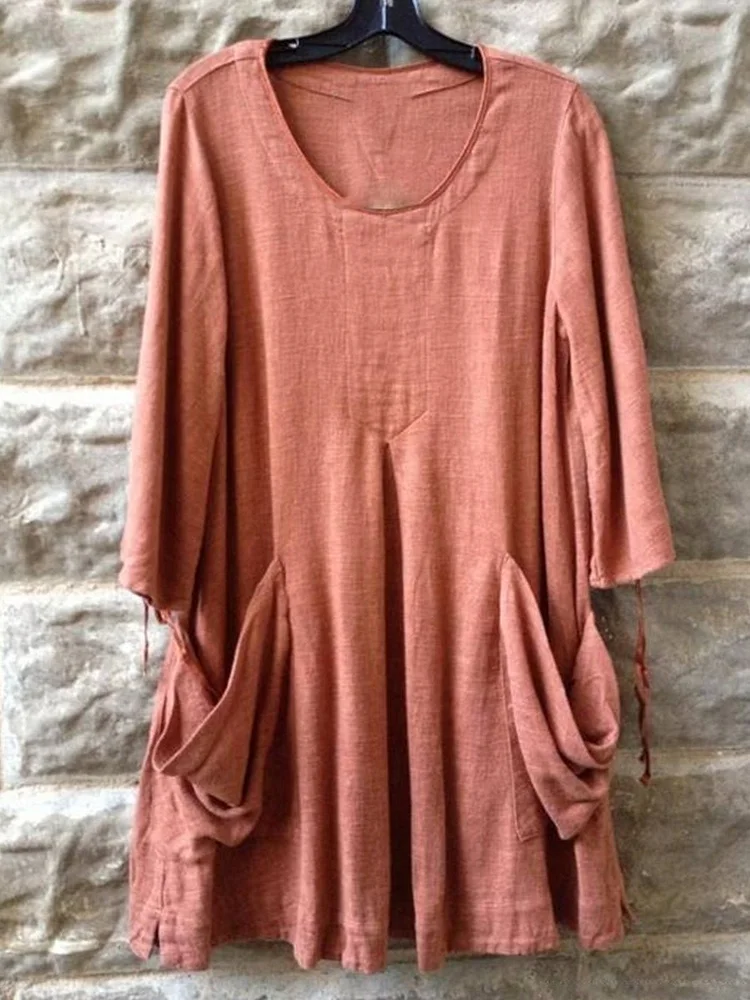 Solid Color All-match Linen Top With Pockets