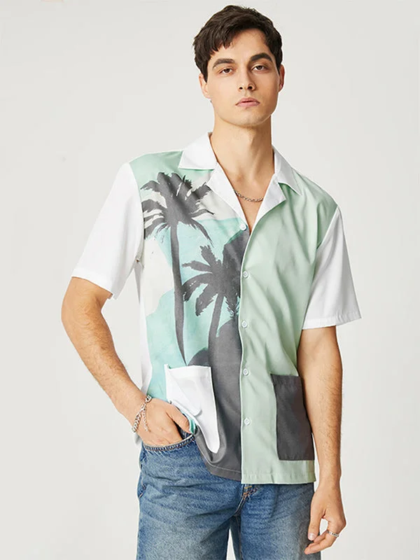 Aonga - Mens Coconut Tree Print Pocket ShirtJ