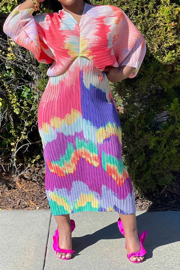 Tie Dye Colorful Batwing Sleeve Midi Dress