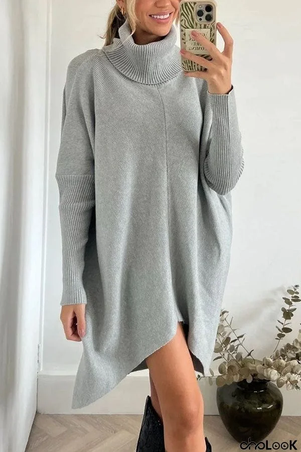 Perfect  Winter Walks Knit Turtleneck High-low Hem Loose Midi Sweater