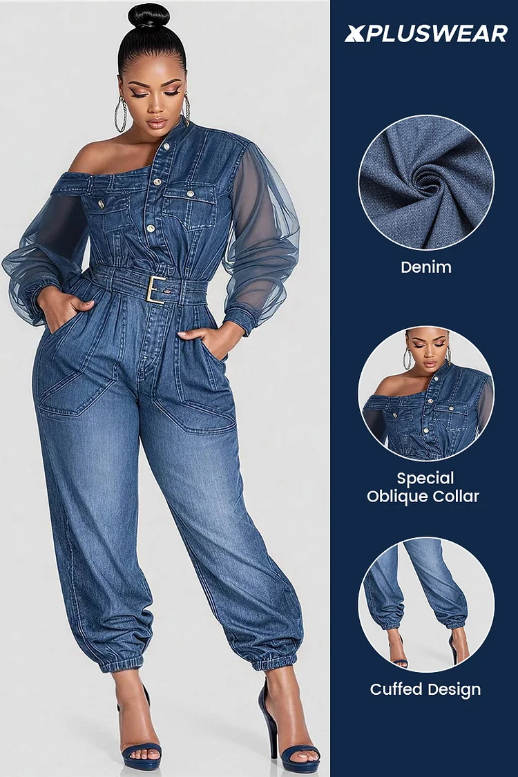 Xpluswear Design Plus Size Business Casual Light Blue Oblique Collar Long Sleeve Contrast Casual Jogging Denim Jumpsuits [Pre-Order]