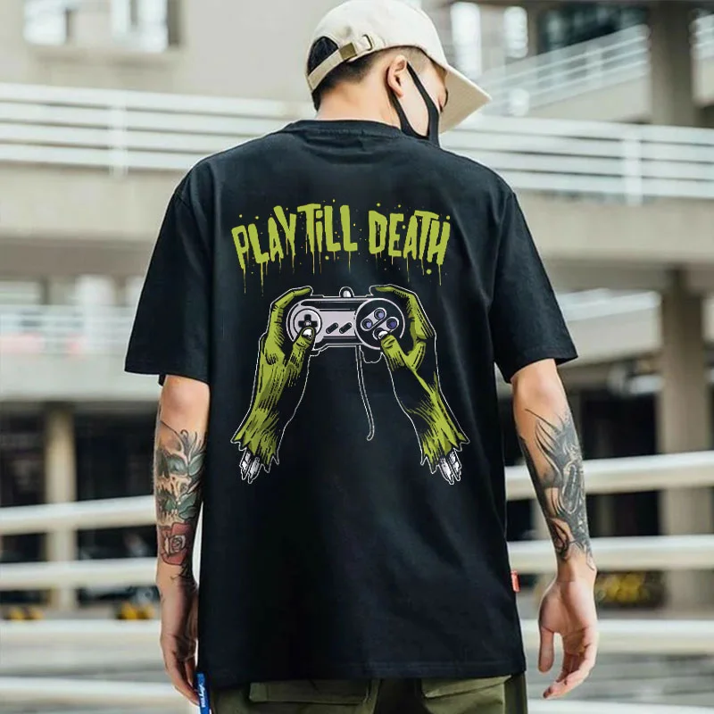 PLAY TILL DEATH Evil Hands Playing Game Black Print T-shirt