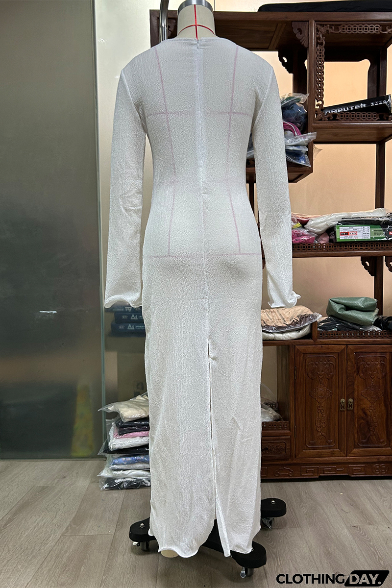 Sexy Solid Color Slit Flower Shape V Neck Long Sleeve Dresses