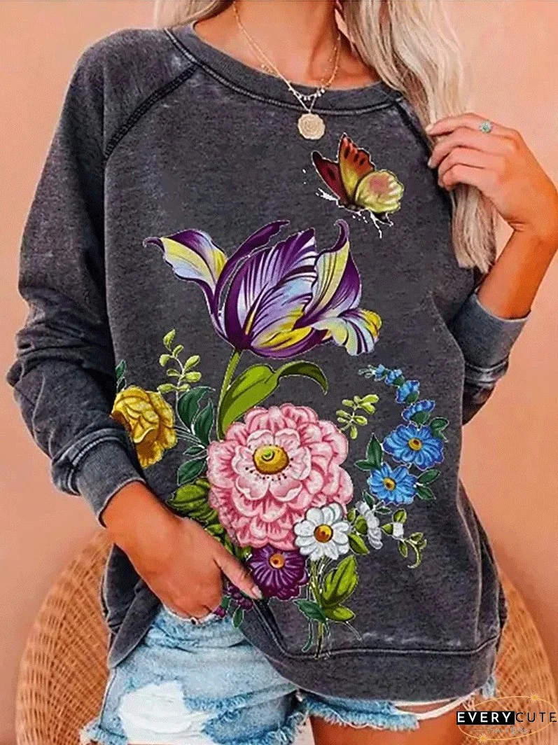 T-Shirts Flower Butterfly Round Neck Long Sleeve T-Shirt for Women